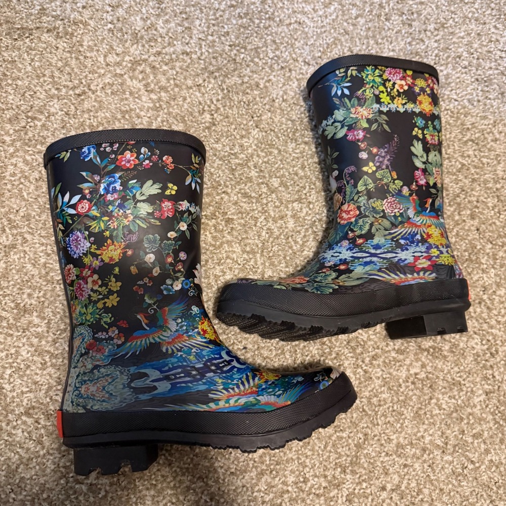 Johnny Was Dreamer Rain Boots Black 7 Floral Bird Print Garden Wellies boho